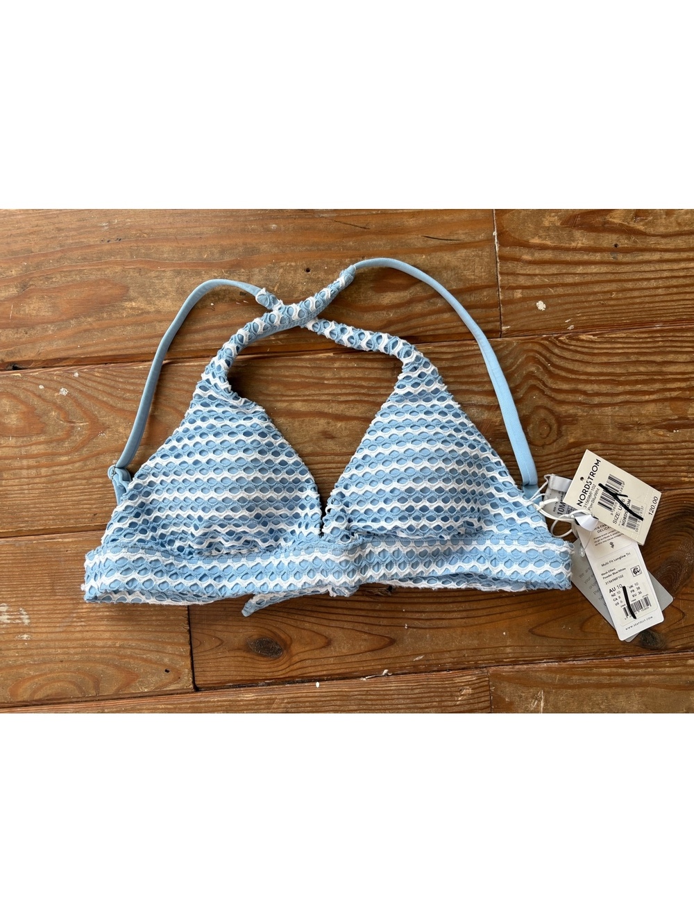 Seafolly Mesh Effect Longline Triangle Bikini Top Powder Blue White NWT US 6
